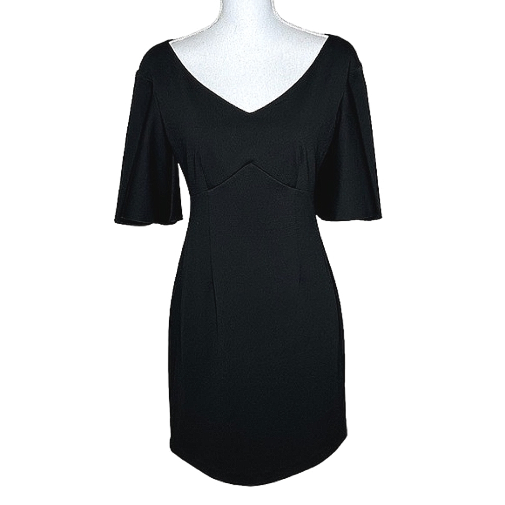 Trina Turk black v-neck dress with short bell sleeves size 6